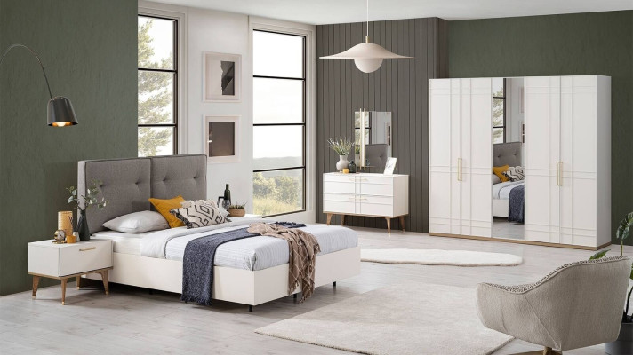 Groep tweepersoonsbed compleet bed slaapkamermeubilair hout 6-delige set wit