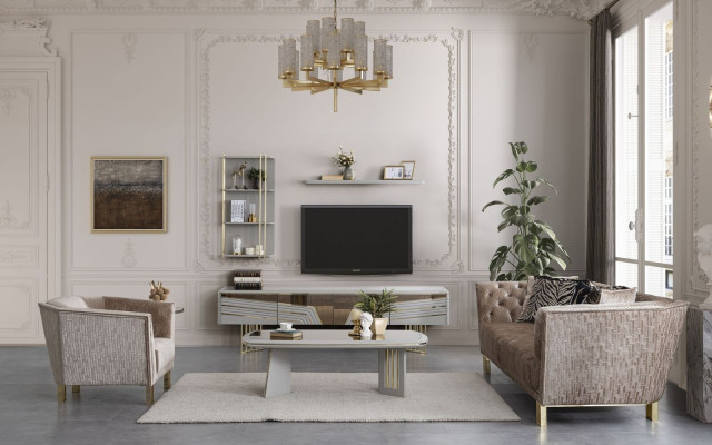 Moderne grijze woonkamerset luxe tv-meubel wandkasten planken