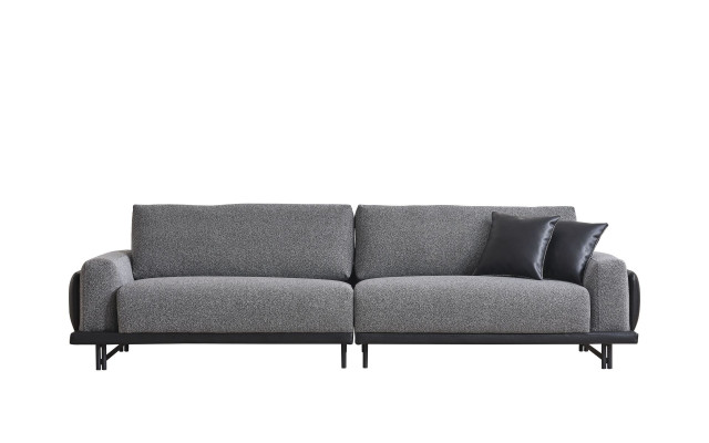 Grijze woonkamer driezits luxe meubels met designer houten frame.