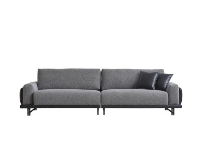 Grijze woonkamer driezits luxe meubels met designer houten frame.