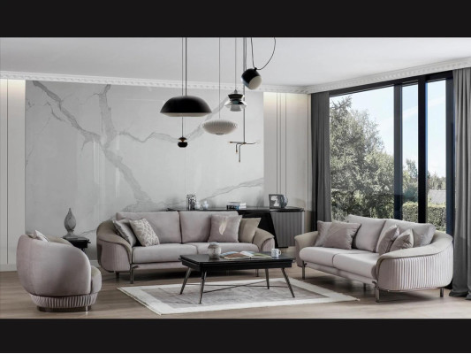 Woonkamer Luxe Grijs Bankstel Set 2x Driepersoonsbanken Nieuw Fauteuil Design Meubels