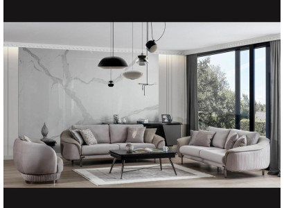 Woonkamer Luxe Grijs Bankstel Set 2x Driepersoonsbanken Nieuw Fauteuil Design Meubels