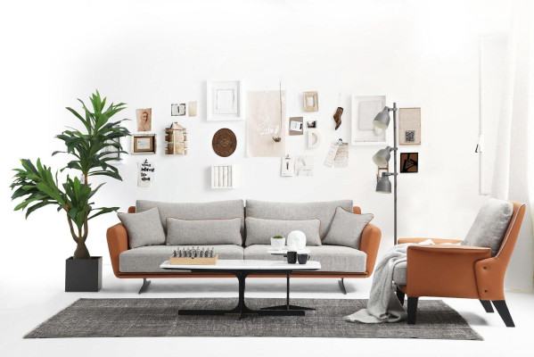 Bankstel 3-zits woonkamerbank oranje stof fauteuil driezits