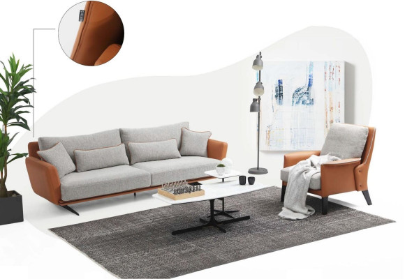 Bankstel 3-zits woonkamerbank oranje stof fauteuil driezits