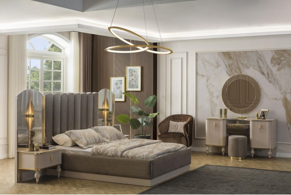 Grijze slaapkamer set met tweepersoonsbed, kaptafel, console en nachtkastjes.