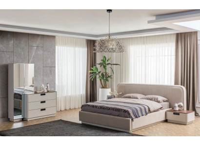 Beige slaapkamer meubels Textielbed Houten kaptafels 2x nachtkastjes