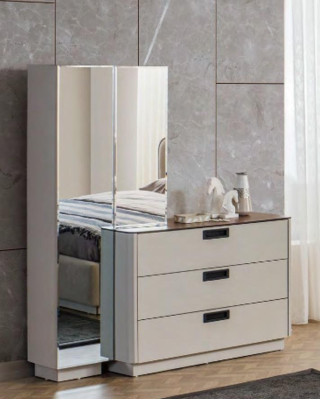 Beige slaapkamer meubels Textielbed Houten kaptafels 2x nachtkastjes