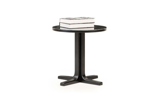 Moderne zwarte bijzettafel ontworpen voor de woonkamer, houten ronde tafel.