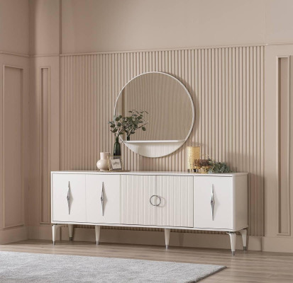 Sideboard dressoir met spiegelgroep commode hout wit eetkamer