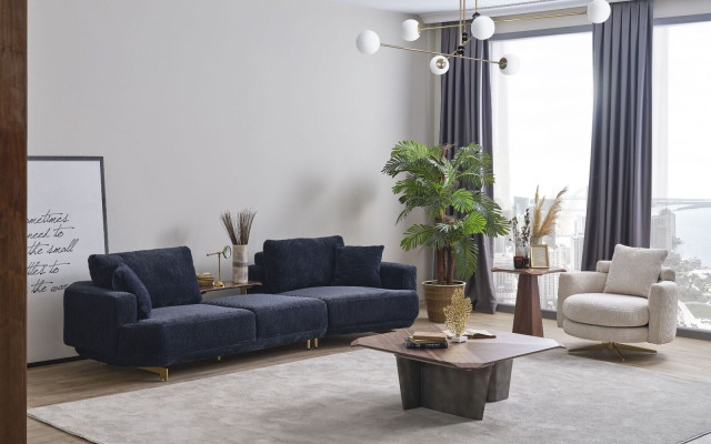 Blauwe driezitter Witte fauteuil Designer woonkamerbank 2-delig