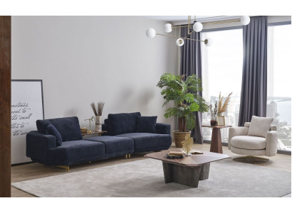 Blauwe driezitter Witte fauteuil Designer woonkamerbank 2-delig