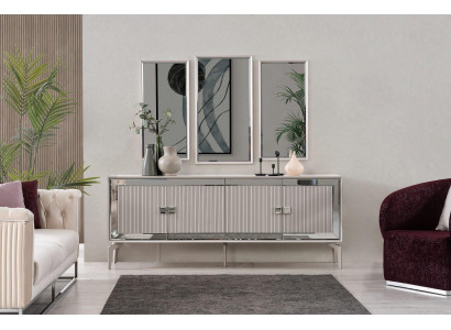Dressoir Sideboard met spiegel Groep commode Hout Zilver Eetkamer