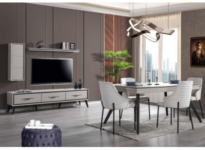 Moderne witte eetkamer set lage kast 6x stoelen eettafel plank 10-delig
