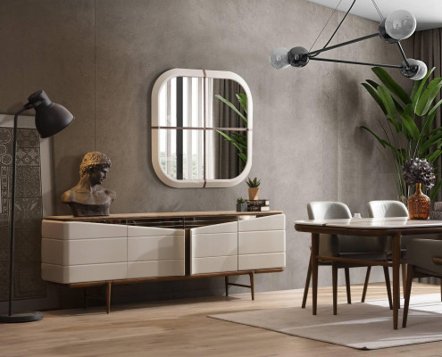 Eetkamer Set Beige dressoir Rechthoekige spiegel Luxe houten meubels.