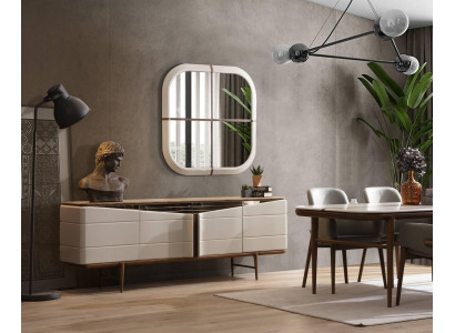 Eetkamer Set Beige dressoir Rechthoekige spiegel Luxe houten meubels.
