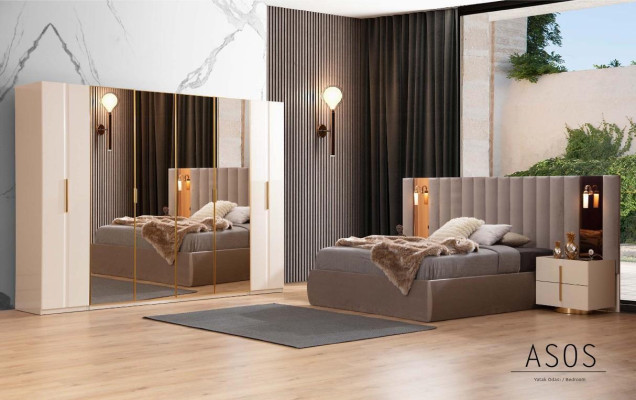 Beige slaapkamer set Ontwerpersbed Kledingkast 2x nachtkastjes