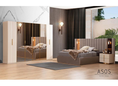 Beige slaapkamer set Ontwerpersbed Kledingkast 2x nachtkastjes