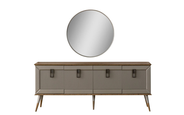 Robuuste dressoir, ontwerper sideboard, luxueuze ronde spiegelkast 2-delig.