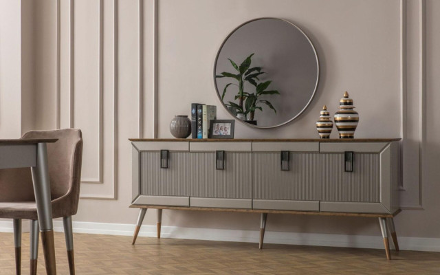 Robuuste dressoir, ontwerper sideboard, luxueuze ronde spiegelkast 2-delig.