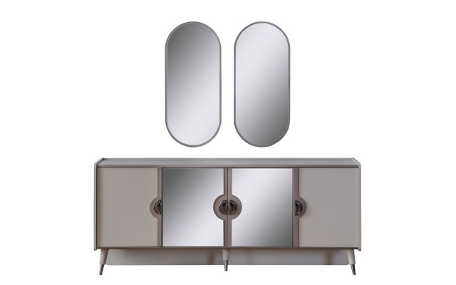 Grijze meubelset Ontwerper 4-deurs dressoir Exclusieve spiegel 3-delige