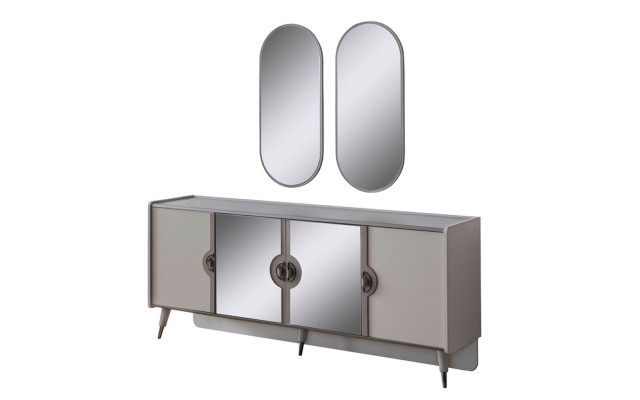 Grijze meubelset Ontwerper 4-deurs dressoir Exclusieve spiegel 3-delige