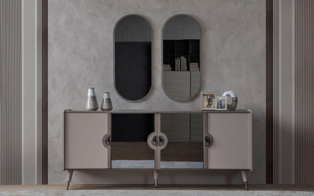 Grijze meubelset Ontwerper 4-deurs dressoir Exclusieve spiegel 3-delige