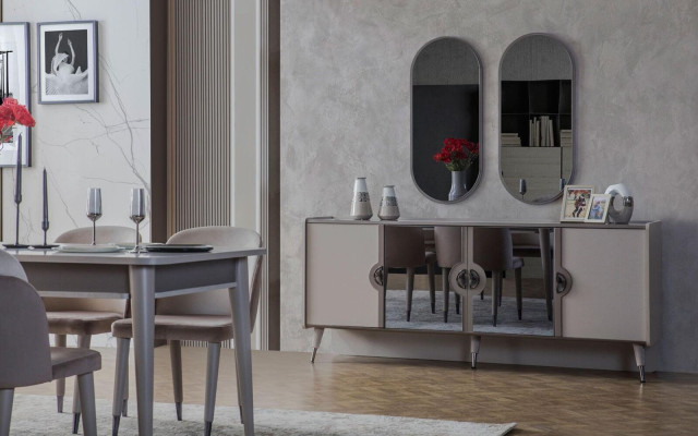 Grijze meubelset Ontwerper 4-deurs dressoir Exclusieve spiegel 3-delige