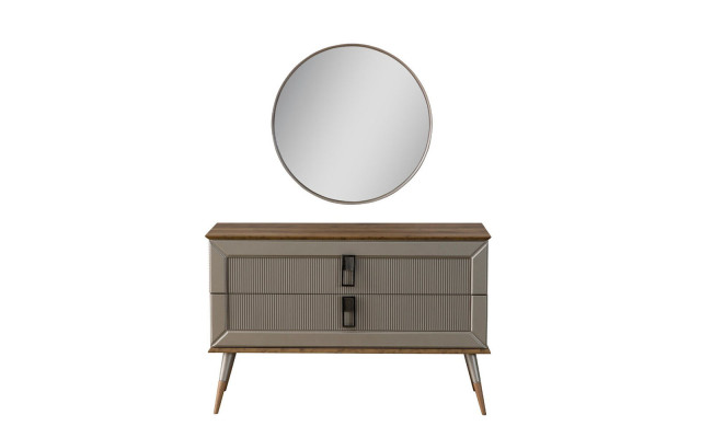 Bruine designer ladekast Luxe ronde spiegel Luxe make-uptafel set 2-delig
