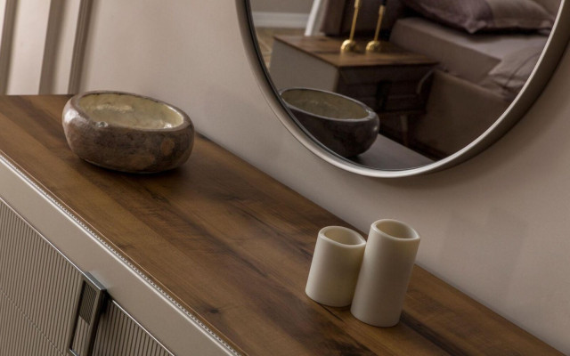 Bruine designer ladekast Luxe ronde spiegel Luxe make-uptafel set 2-delig