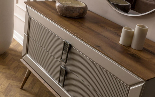 Bruine designer ladekast Luxe ronde spiegel Luxe make-uptafel set 2-delig