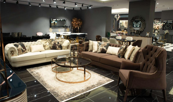 Bankstel driepersoons fauteuil stoffen bank bekleding bruin set banken