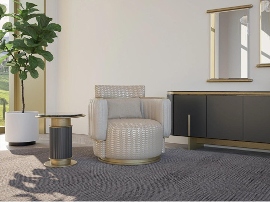 Beige fauteuil woonkamer luxe gestoffeerde meubels design moderne inrichting nieuw.