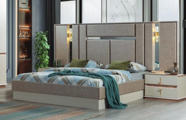 Beige slaapkamermeubels Luxe bedden Designer nachtkastjes Inrichting
