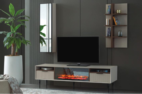 Beige woonkamermeubel Ontwerper TV-kast Wandplank Luxe Houten rek 3-delig set