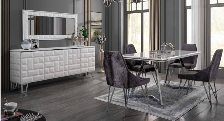 Eetkamerset Eettafel 4x Stoelen Dressoir met Spiegel Modern Set Grijs