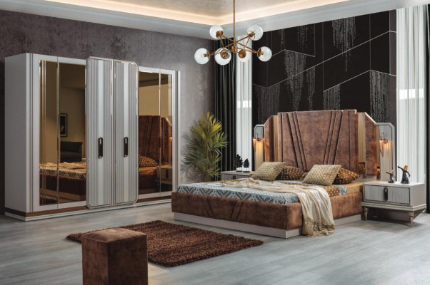 Exclusieve slaapkamerset, tweepersoonsbed, 2 nachtkastjes, kledingkast.