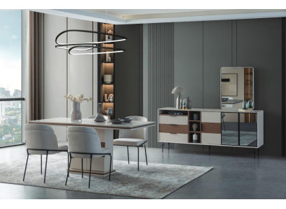 Witte eetkamerset Rechthoekige eettafel 4x stoelen dressoir Luxe spiegel