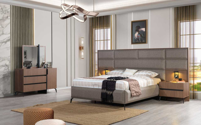 Grijs-bruin tweepersoonsbed exclusieve slaapkamer commode spiegel 5-delig set
