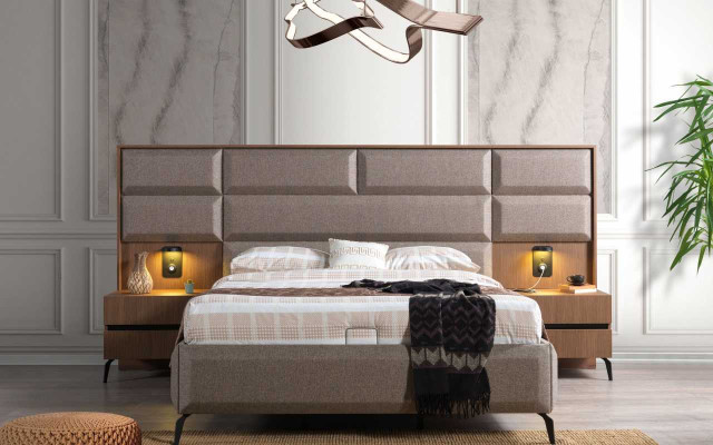 Grijs-bruin tweepersoonsbed exclusieve slaapkamer commode spiegel 5-delig set