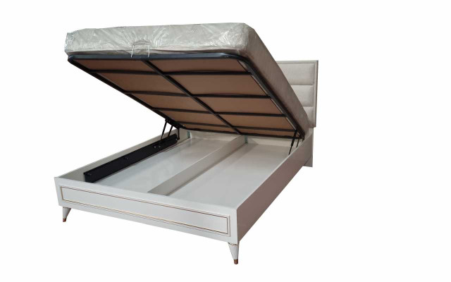 Witte slaapkamer set, gestoffeerd tweepersoonsbed, 2 houten nachtkastjes, 3-delig