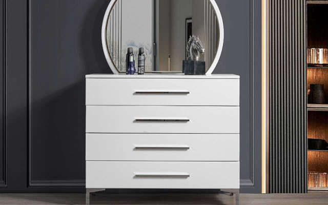Vierdelige witte slaapkamercommode ontwerper glazen ronde spiegel 2-delige set