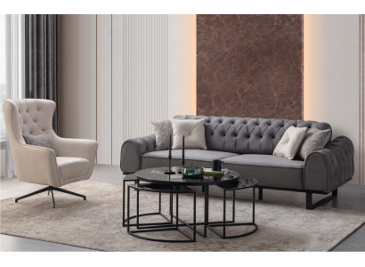 Grijze Chesterfield driezitsbank Luxe bekleding Witte fauteuil 2-delige set