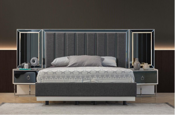 Grijze slaapkamer set: roestvrijstalen bed met 2 houten nachtkastjes, 3-delige set.