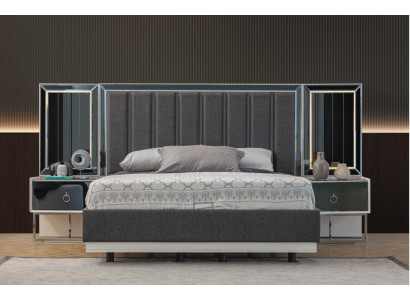 Grijze slaapkamer set: roestvrijstalen bed met 2 houten nachtkastjes, 3-delige set.