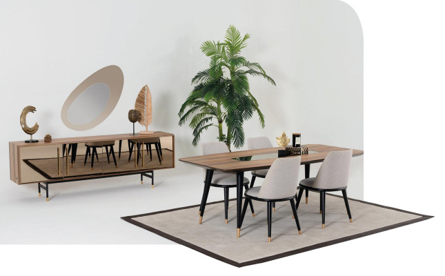 Eetkamer set Tafel 4x stoelen Dressoir Spiegel Set Ontwerp nieuw 7-delig