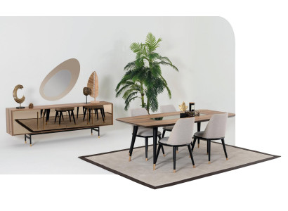Eetkamer set Tafel 4x stoelen Dressoir Spiegel Set Ontwerp nieuw 7-delig