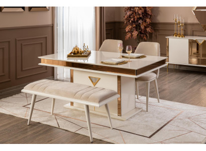 Tafel 4x stoelen groep eetkamer set 5-delig. Set meubels eetgroep beige