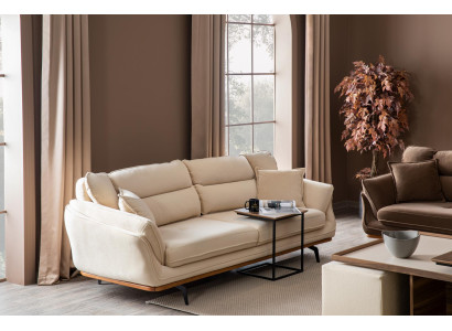 Beige bank gestoffeerde bank meubels banken woonkamer driezits textiel stof