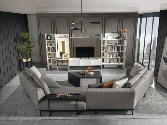 Hoekbank U-vorm Woonkamer Bankstel Stof Nieuw Design Grijs Modern Luxe