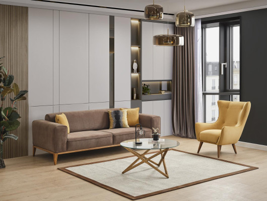 Woonkamer fauteuil design bank luxe lounge bekleding club disco geel.